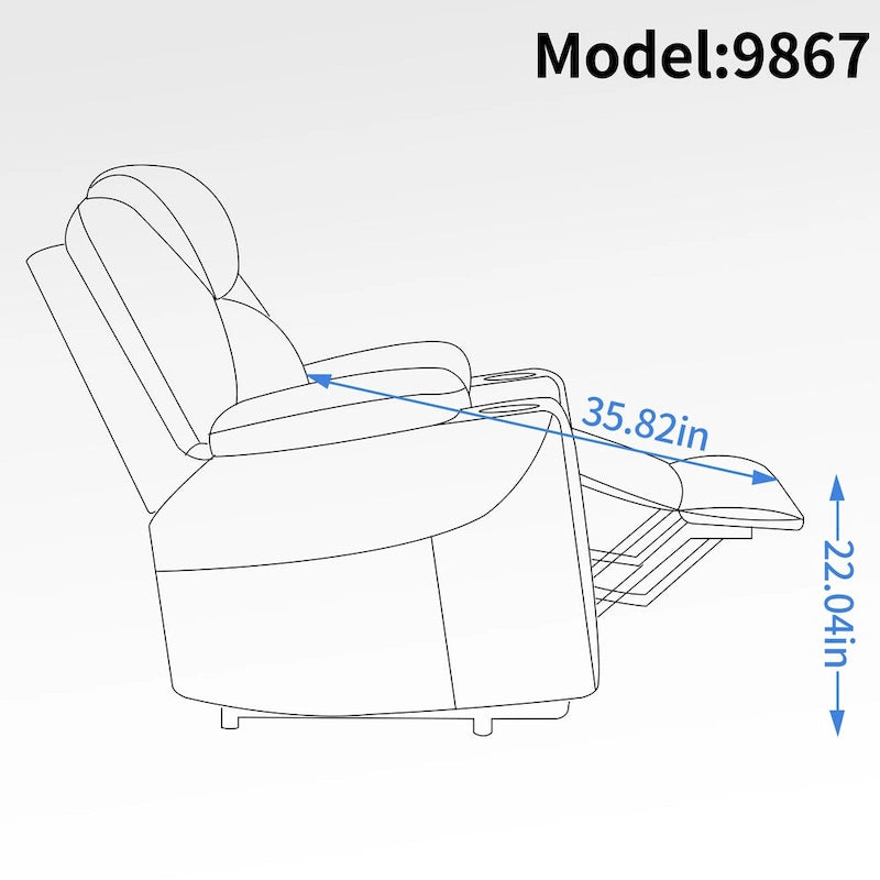 Fauteuil inclinable releveur bleu avec massage 8 points, chauffage lombaire, deux ports USB et porte-gobelets en acier inoxydable