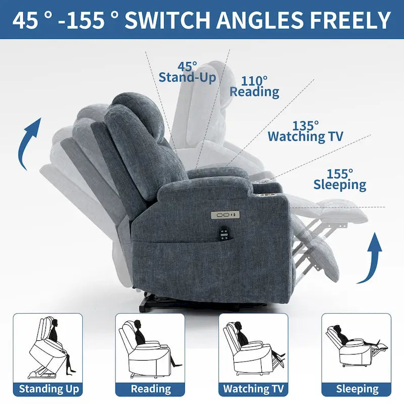 Fauteuil inclinable releveur bleu avec massage 8 points, chauffage lombaire, deux ports USB et porte-gobelets en acier inoxydable