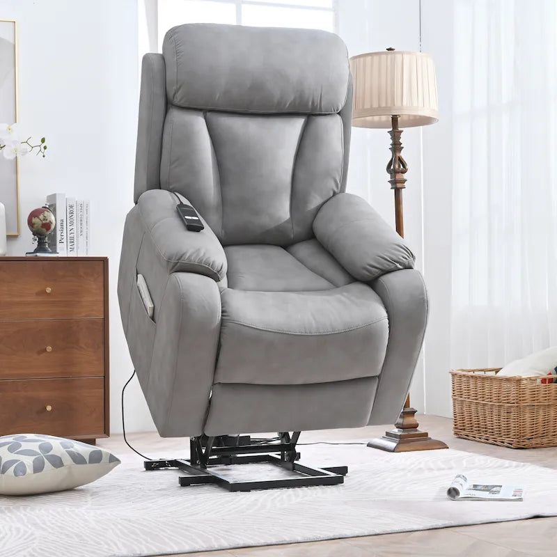 Fauteuil inclinable électrique gris à assise large pour seniors avec télécommande, poche latérale et options d'inclinaison réglables