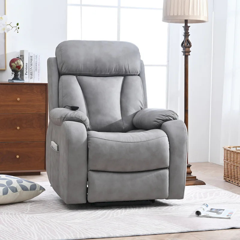 Fauteuil inclinable électrique gris à assise large pour seniors avec télécommande, poche latérale et options d'inclinaison réglables
