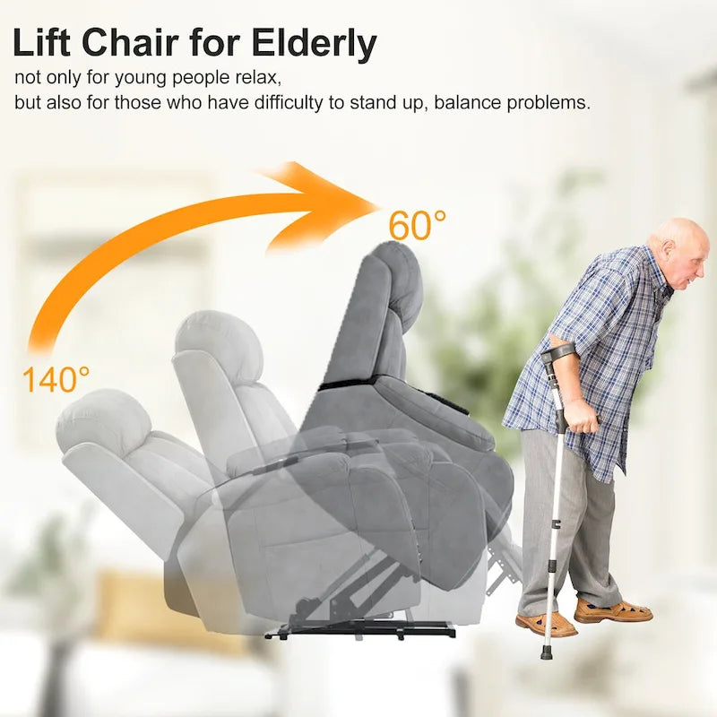 Fauteuil inclinable électrique gris à assise large pour seniors avec télécommande, poche latérale et options d'inclinaison réglables