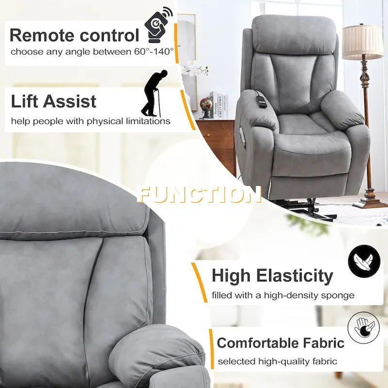 Fauteuil inclinable électrique gris à assise large pour seniors avec télécommande, poche latérale et options d'inclinaison réglables
