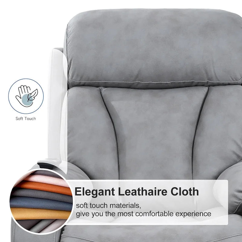 Fauteuil inclinable électrique gris à assise large pour seniors avec télécommande, poche latérale et options d'inclinaison réglables