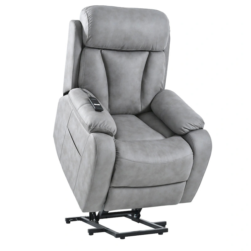 Fauteuil inclinable électrique gris à assise large pour seniors avec télécommande, poche latérale et options d'inclinaison réglables