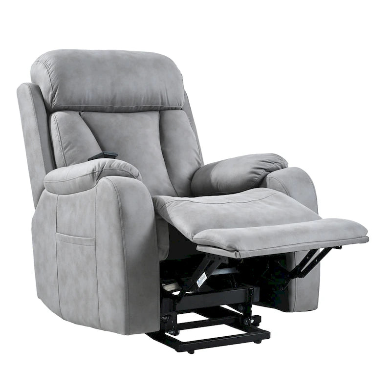 Fauteuil inclinable électrique gris à assise large pour seniors avec télécommande, poche latérale et options d'inclinaison réglables