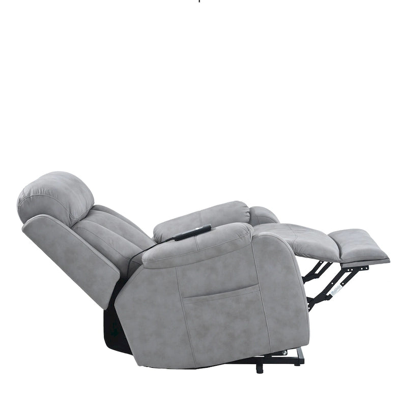 Fauteuil inclinable électrique gris à assise large pour seniors avec télécommande, poche latérale et options d'inclinaison réglables