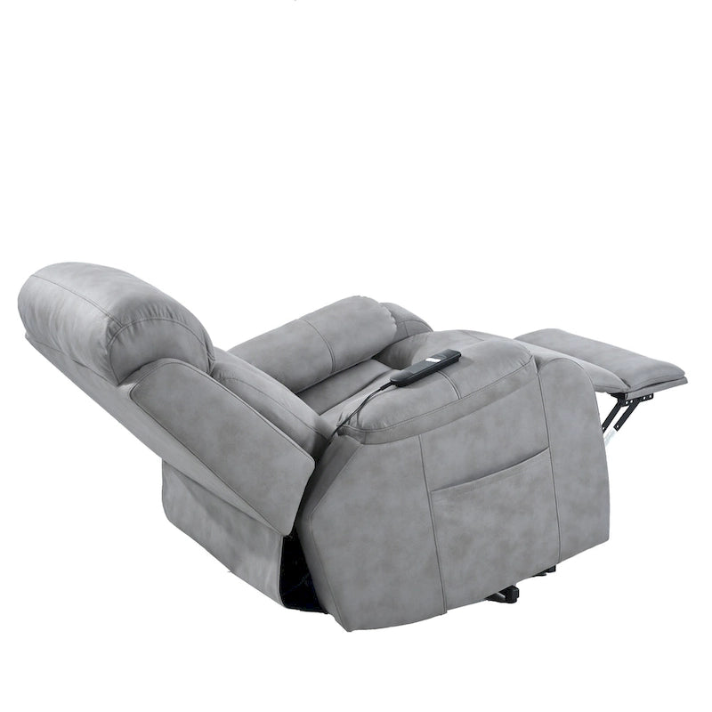 Fauteuil inclinable électrique gris à assise large pour seniors avec télécommande, poche latérale et options d'inclinaison réglables