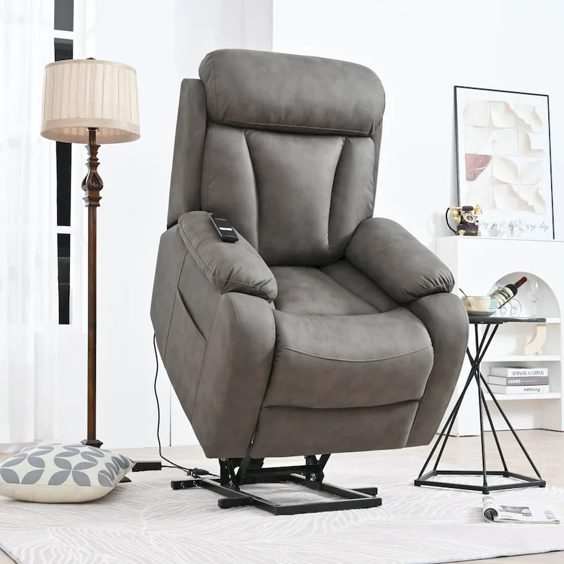 Fauteuil inclinable électrique gris à assise large pour seniors avec télécommande, poche latérale et options d'inclinaison réglables