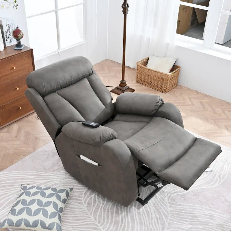 Fauteuil inclinable électrique gris à assise large pour seniors avec télécommande, poche latérale et options d'inclinaison réglables