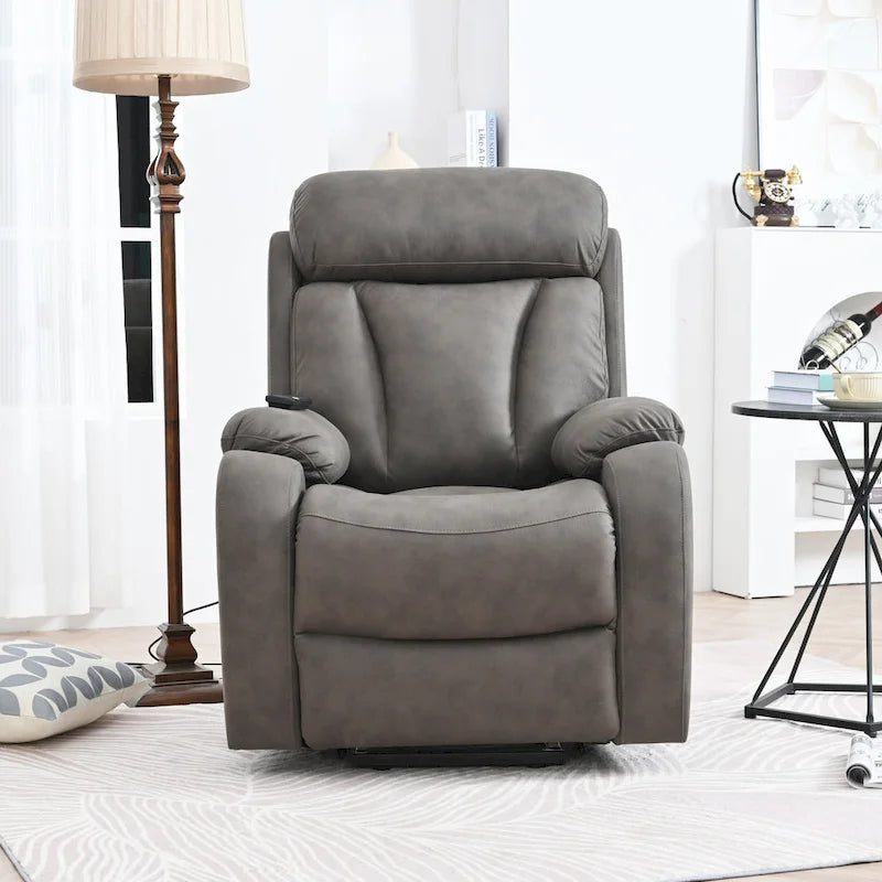 Fauteuil inclinable électrique gris à assise large pour seniors avec télécommande, poche latérale et options d'inclinaison réglables