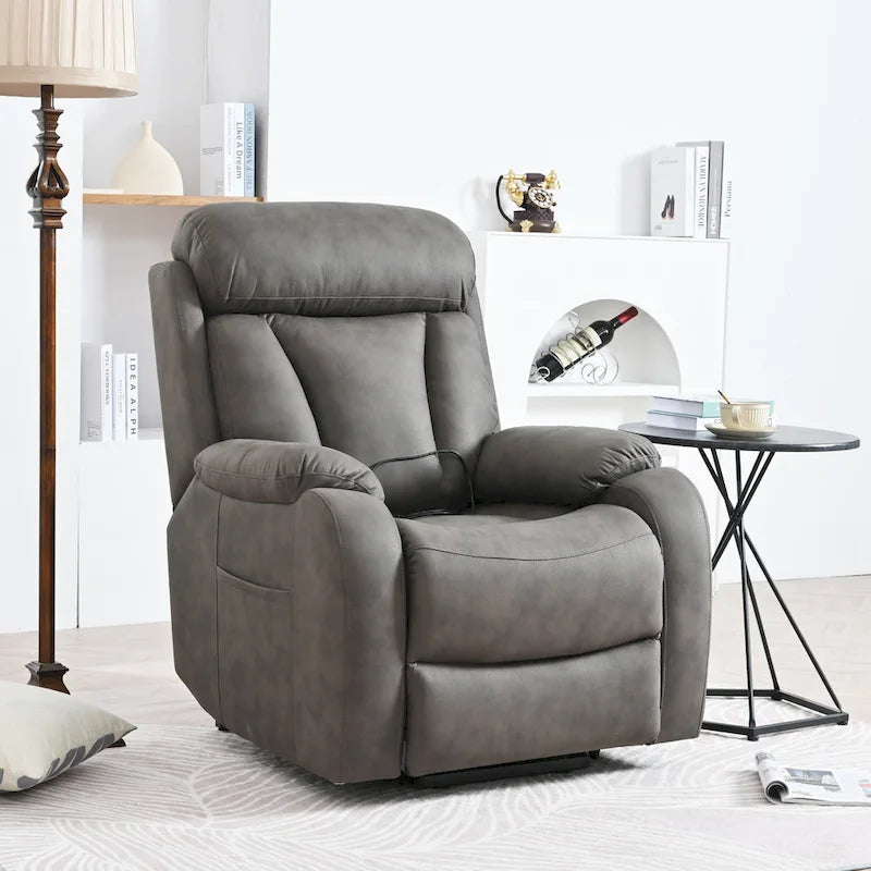 Fauteuil inclinable électrique gris à assise large pour seniors avec télécommande, poche latérale et options d'inclinaison réglables