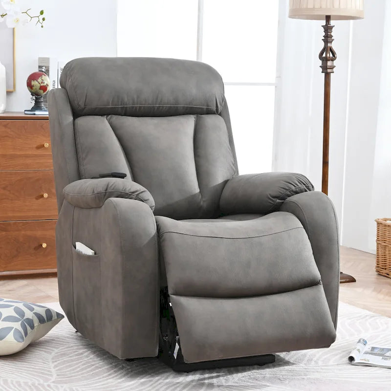 Fauteuil inclinable électrique gris à assise large pour seniors avec télécommande, poche latérale et options d'inclinaison réglables