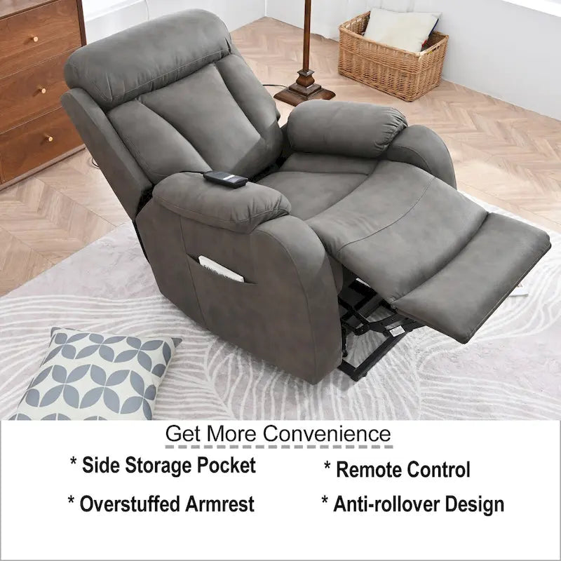 Fauteuil inclinable électrique gris à assise large pour seniors avec télécommande, poche latérale et options d'inclinaison réglables