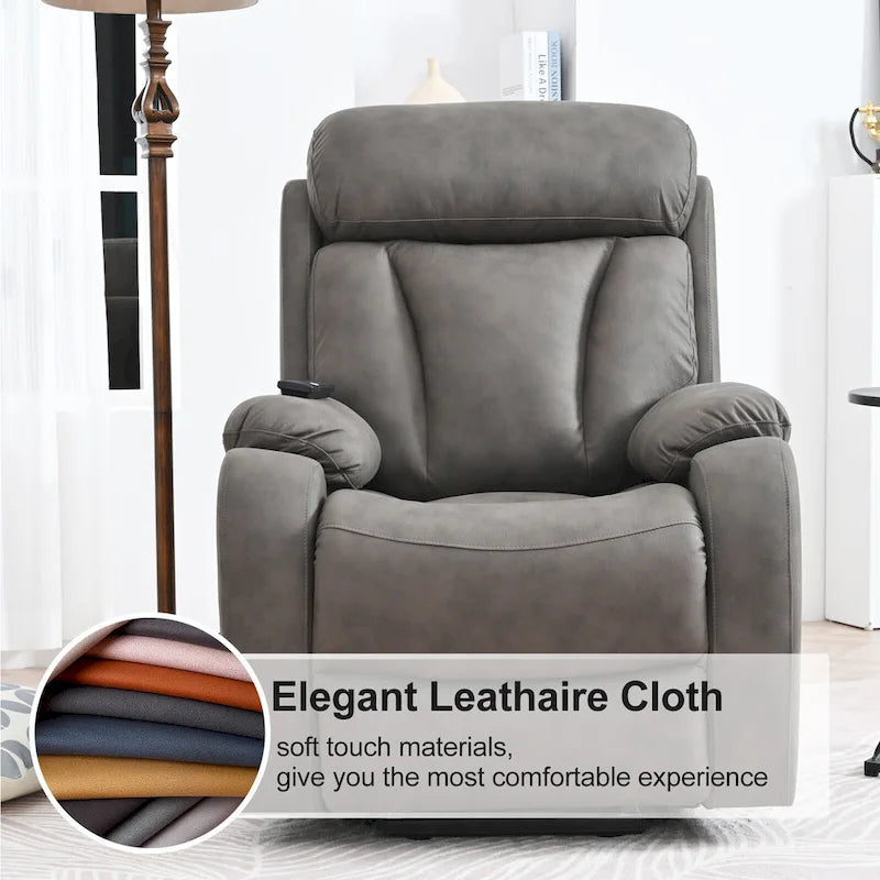 Fauteuil inclinable électrique gris à assise large pour seniors avec télécommande, poche latérale et options d'inclinaison réglables