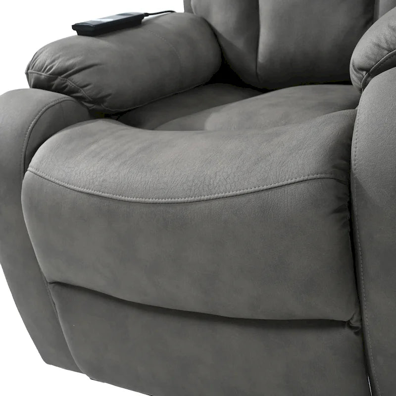 Fauteuil inclinable électrique gris à assise large pour seniors avec télécommande, poche latérale et options d'inclinaison réglables