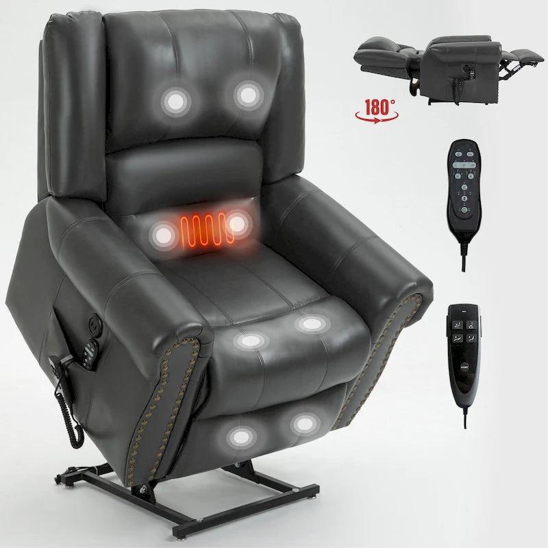 Fauteuil inclinable releveur double motorisation en similicuir marron avec chauffage et massage, ports USB et inclinaison infinie pour seniors