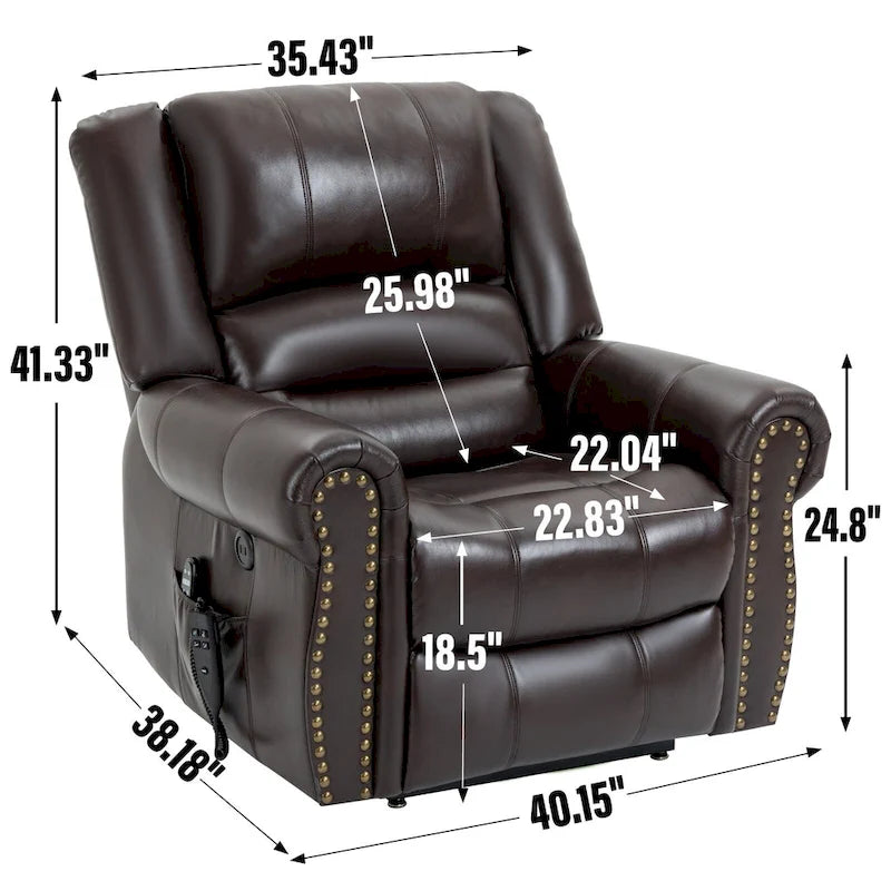 Fauteuil inclinable releveur double motorisation en similicuir marron avec chauffage et massage, ports USB et inclinaison infinie pour seniors