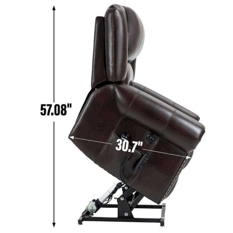 Fauteuil inclinable releveur double motorisation en similicuir marron avec chauffage et massage, ports USB et inclinaison infinie pour seniors