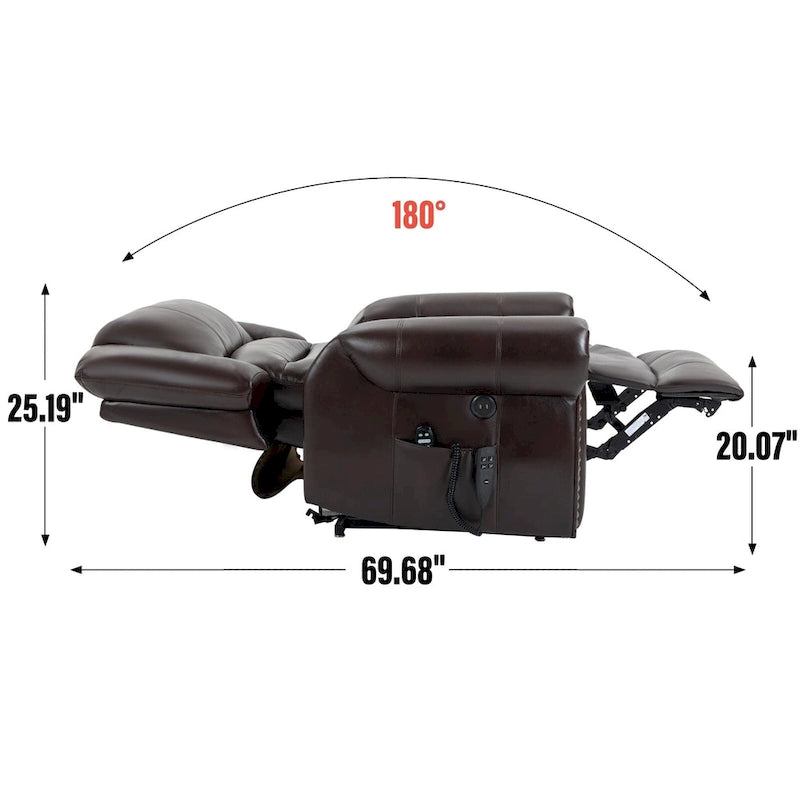 Fauteuil inclinable releveur double motorisation en similicuir marron avec chauffage et massage, ports USB et inclinaison infinie pour seniors