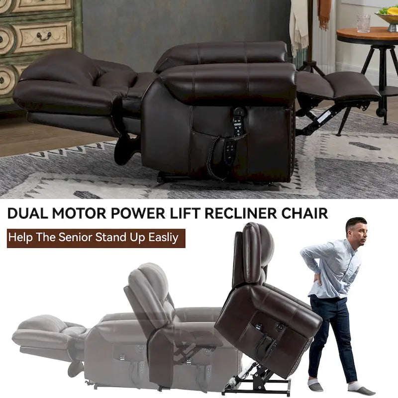 Fauteuil inclinable releveur double motorisation en similicuir marron avec chauffage et massage, ports USB et inclinaison infinie pour seniors