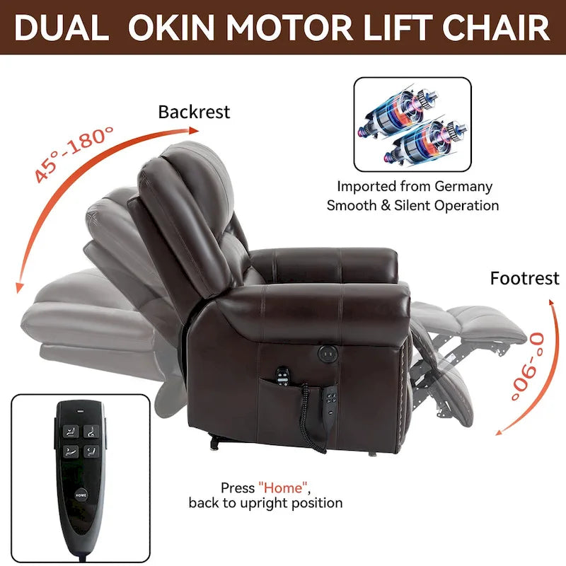 Fauteuil inclinable releveur double motorisation en similicuir marron avec chauffage et massage, ports USB et inclinaison infinie pour seniors