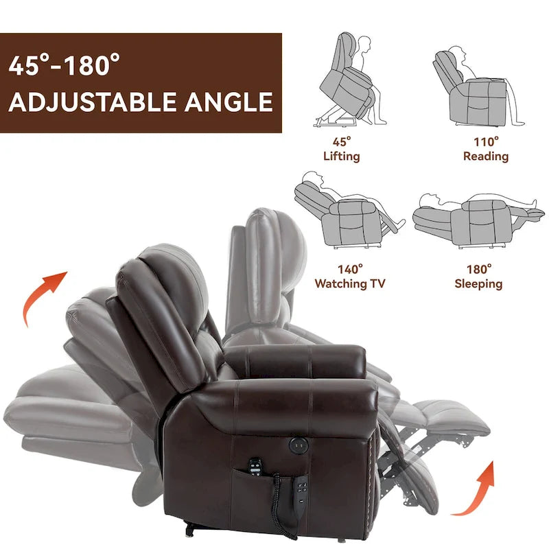 Fauteuil inclinable releveur double motorisation en similicuir marron avec chauffage et massage, ports USB et inclinaison infinie pour seniors