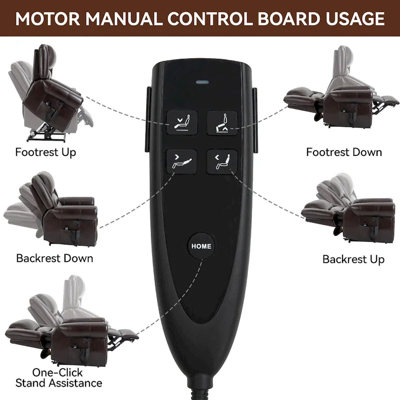 Fauteuil inclinable releveur double motorisation en similicuir marron avec chauffage et massage, ports USB et inclinaison infinie pour seniors