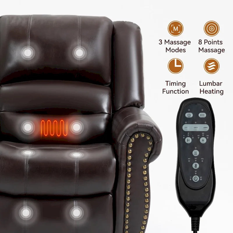 Fauteuil inclinable releveur double motorisation en similicuir marron avec chauffage et massage, ports USB et inclinaison infinie pour seniors