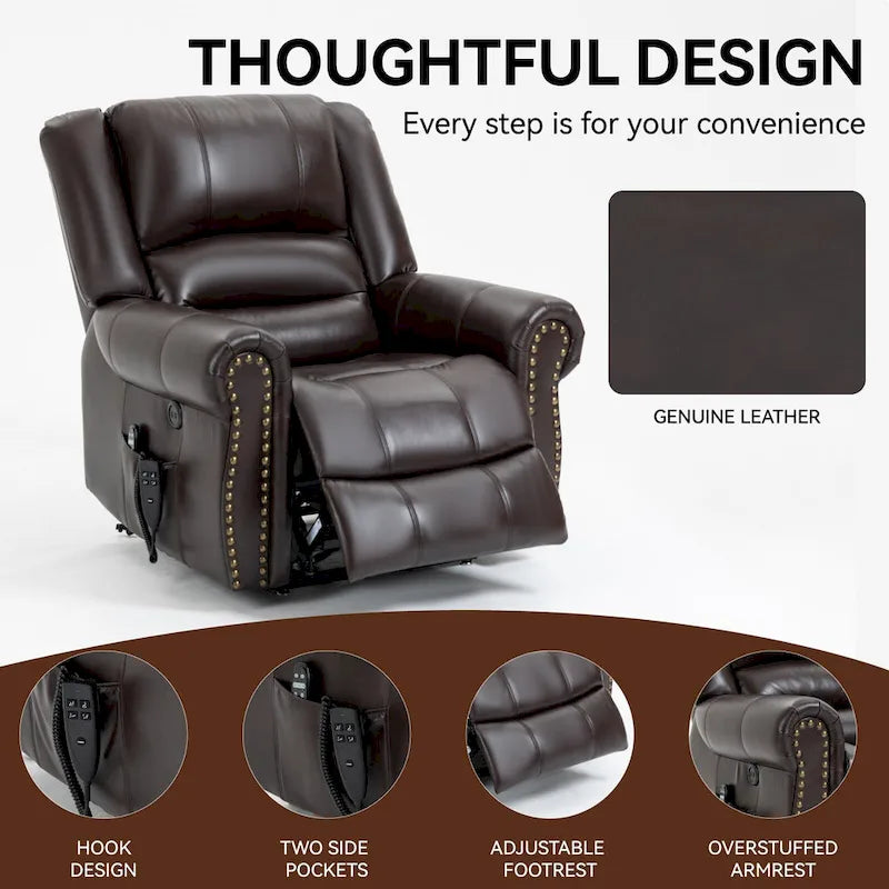 Fauteuil inclinable releveur double motorisation en similicuir marron avec chauffage et massage, ports USB et inclinaison infinie pour seniors