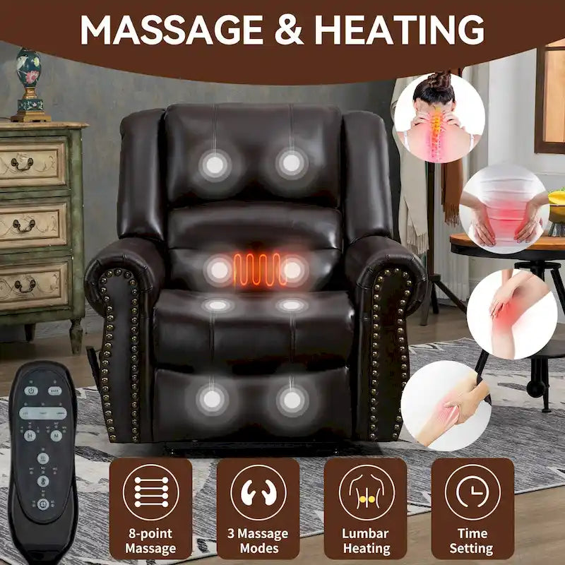 Fauteuil inclinable releveur double motorisation en similicuir marron avec chauffage et massage, ports USB et inclinaison infinie pour seniors