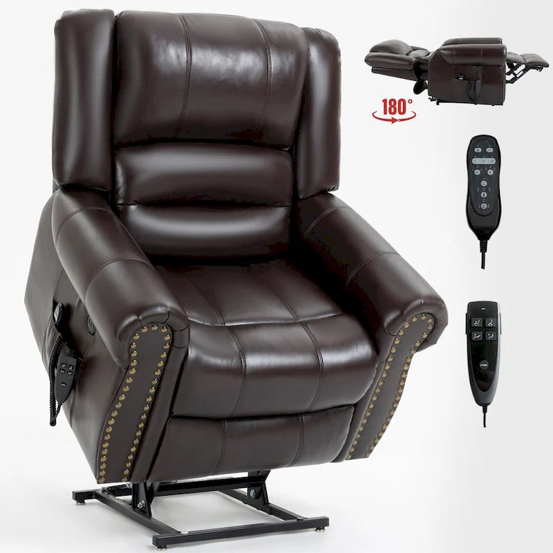 Fauteuil inclinable releveur double motorisation en similicuir marron avec chauffage et massage, ports USB et inclinaison infinie pour seniors