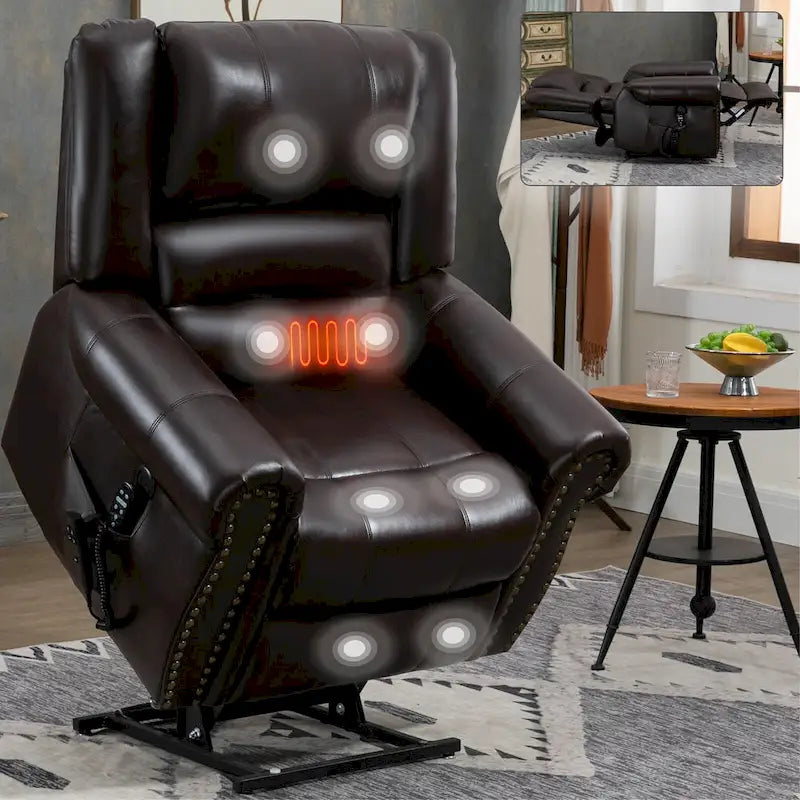 Fauteuil inclinable releveur double motorisation en similicuir marron avec chauffage et massage, ports USB et inclinaison infinie pour seniors