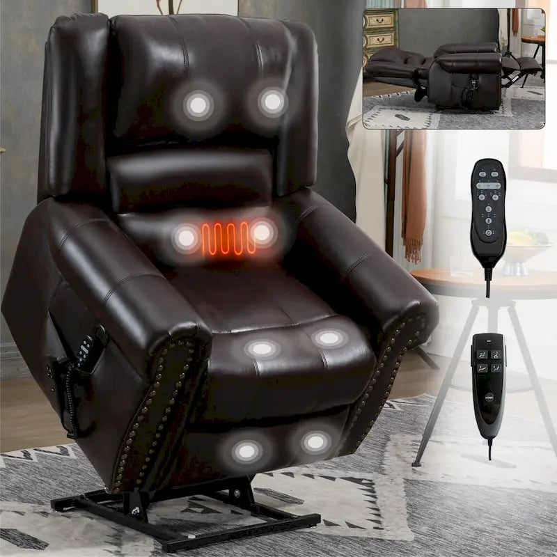 Fauteuil inclinable releveur double motorisation en similicuir marron avec chauffage et massage, ports USB et inclinaison infinie pour seniors