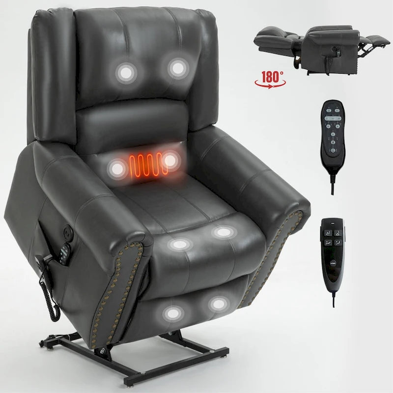 Fauteuil inclinable releveur double motorisation en similicuir marron avec chauffage et massage, ports USB et inclinaison infinie pour seniors