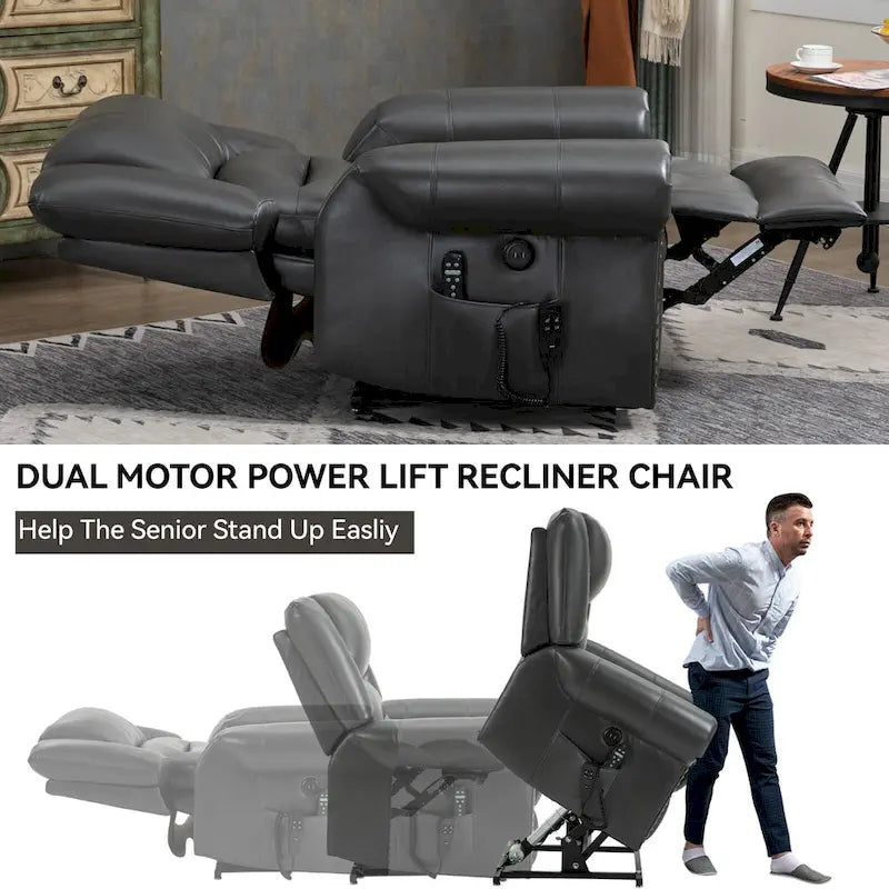 Fauteuil inclinable releveur double motorisation en similicuir marron avec chauffage et massage, ports USB et inclinaison infinie pour seniors