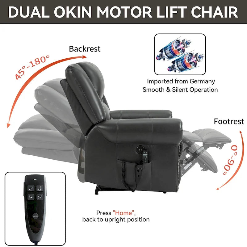 Fauteuil inclinable releveur double motorisation en similicuir marron avec chauffage et massage, ports USB et inclinaison infinie pour seniors