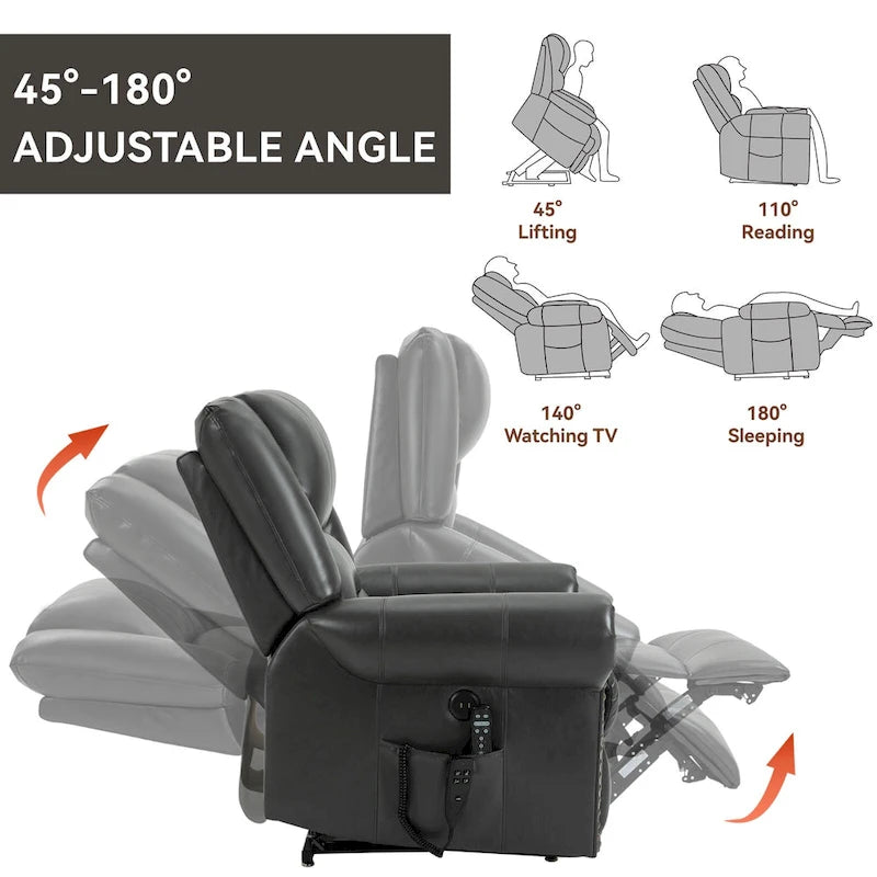 Fauteuil inclinable releveur double motorisation en similicuir marron avec chauffage et massage, ports USB et inclinaison infinie pour seniors
