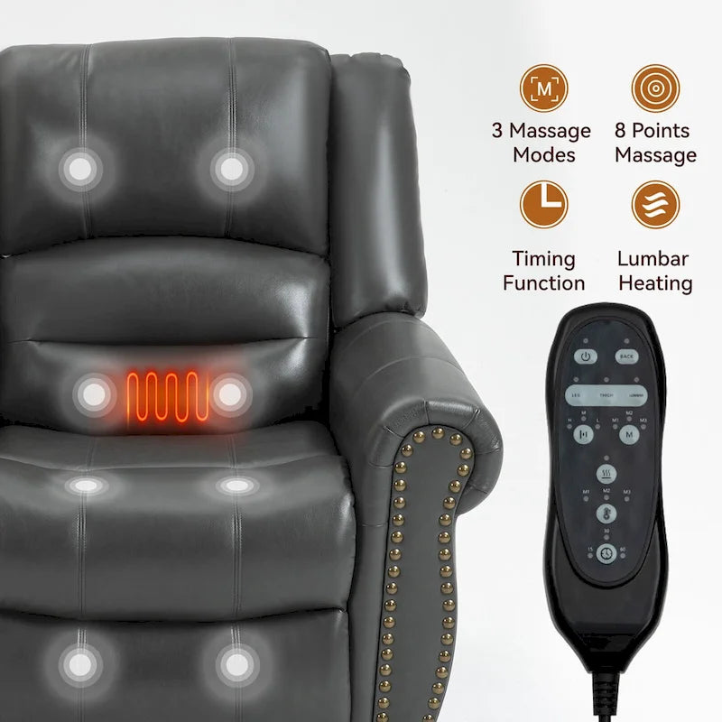 Fauteuil inclinable releveur double motorisation en similicuir marron avec chauffage et massage, ports USB et inclinaison infinie pour seniors