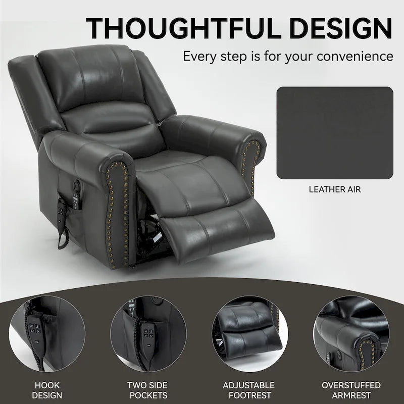 Fauteuil inclinable releveur double motorisation en similicuir marron avec chauffage et massage, ports USB et inclinaison infinie pour seniors