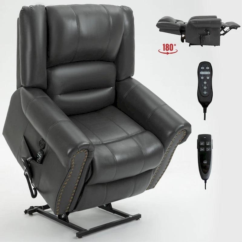 Fauteuil inclinable releveur double motorisation en similicuir marron avec chauffage et massage, ports USB et inclinaison infinie pour seniors