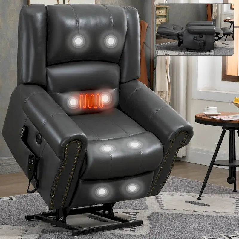 Fauteuil inclinable releveur double motorisation en similicuir marron avec chauffage et massage, ports USB et inclinaison infinie pour seniors