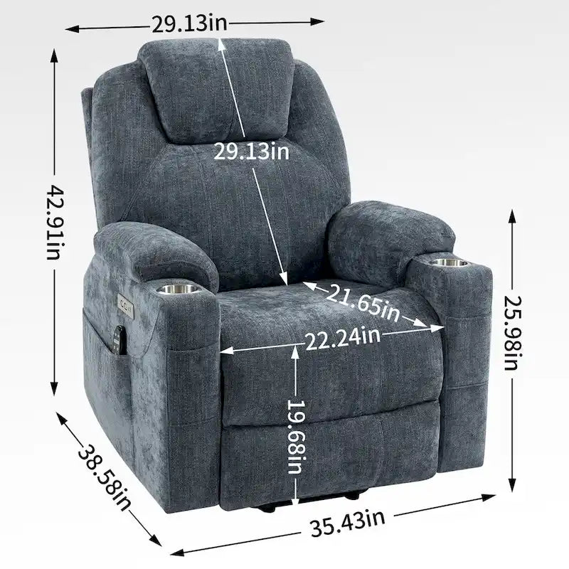 Fauteuil inclinable électrique bleu avec massage 8 points, soutien lombaire chauffant, deux ports USB et porte-gobelets en acier inoxydable