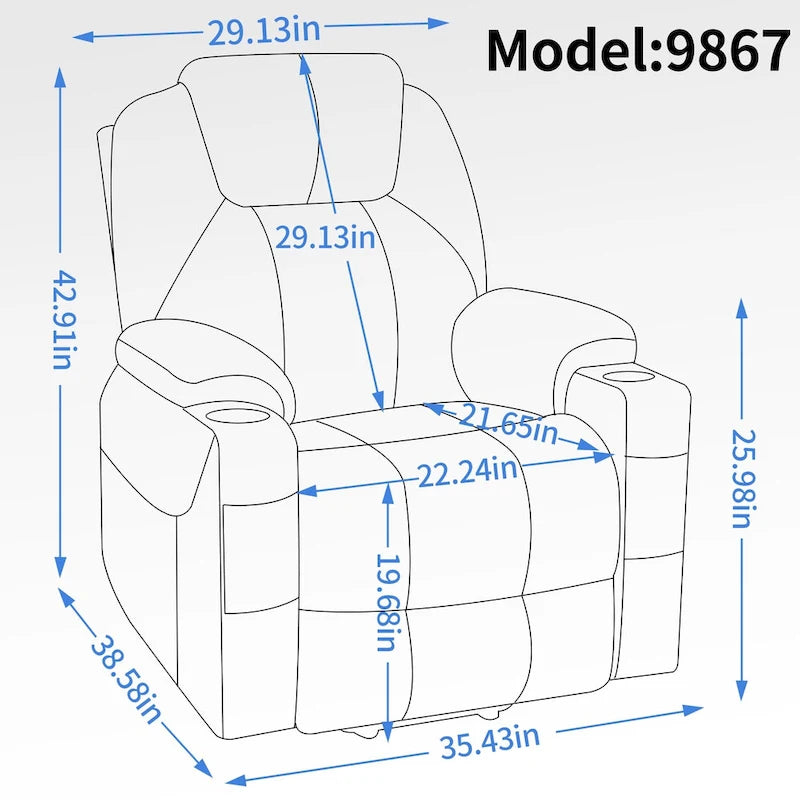 Fauteuil inclinable électrique bleu avec massage 8 points, soutien lombaire chauffant, deux ports USB et porte-gobelets en acier inoxydable