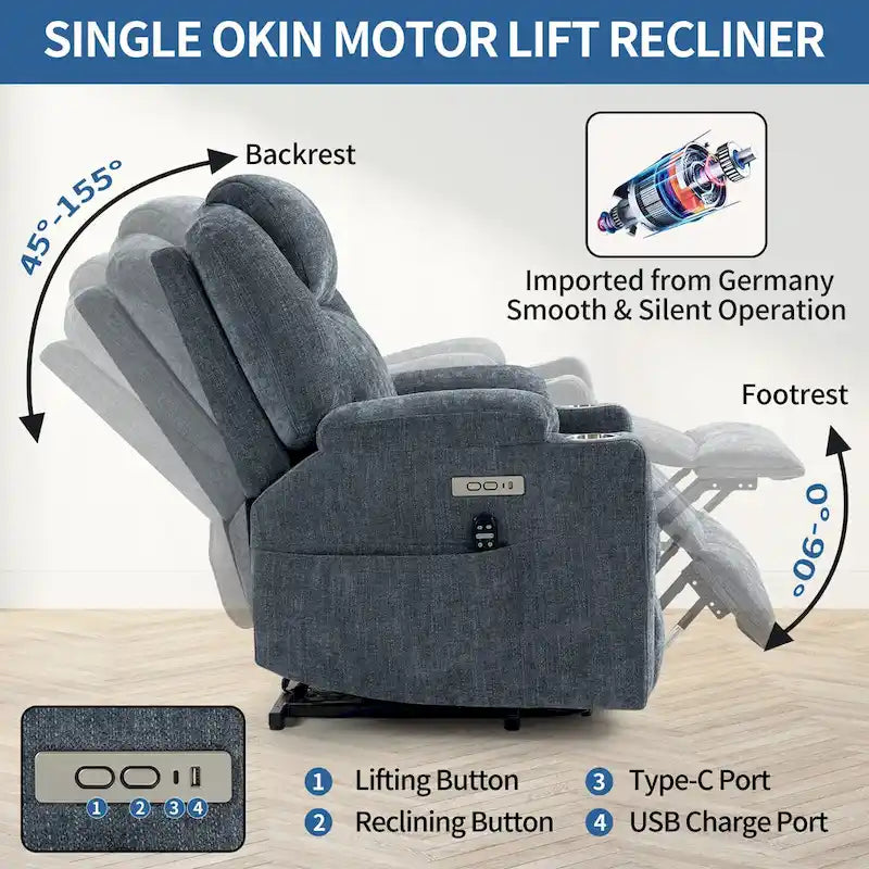 Fauteuil inclinable électrique bleu avec massage 8 points, soutien lombaire chauffant, deux ports USB et porte-gobelets en acier inoxydable