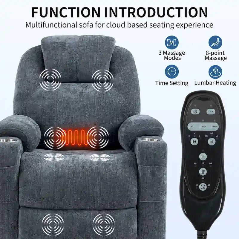 Fauteuil inclinable électrique bleu avec massage 8 points, soutien lombaire chauffant, deux ports USB et porte-gobelets en acier inoxydable
