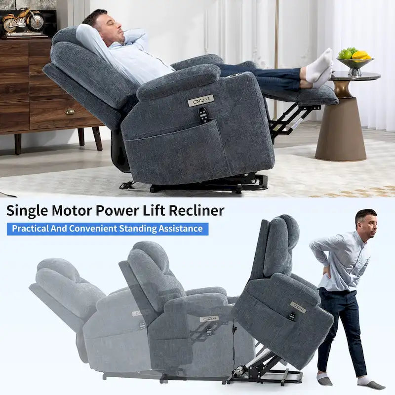 Fauteuil inclinable électrique bleu avec massage 8 points, soutien lombaire chauffant, deux ports USB et porte-gobelets en acier inoxydable