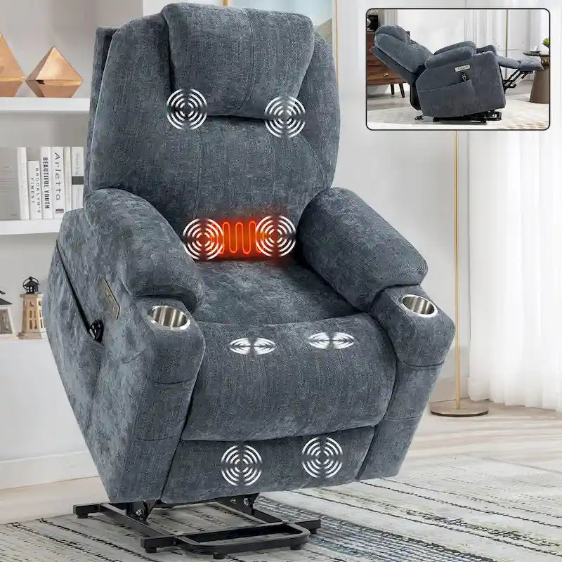 Fauteuil inclinable électrique bleu avec massage 8 points, soutien lombaire chauffant, deux ports USB et porte-gobelets en acier inoxydable