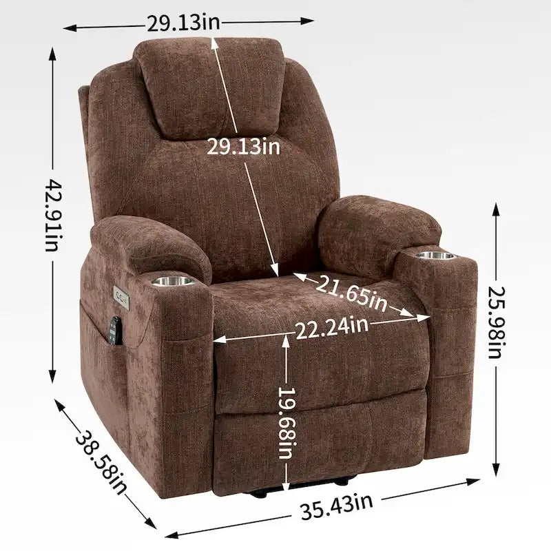 Fauteuil inclinable électrique bleu avec massage 8 points, soutien lombaire chauffant, deux ports USB et porte-gobelets en acier inoxydable