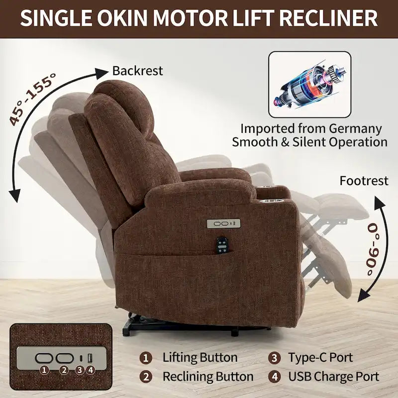 Fauteuil inclinable électrique bleu avec massage 8 points, soutien lombaire chauffant, deux ports USB et porte-gobelets en acier inoxydable