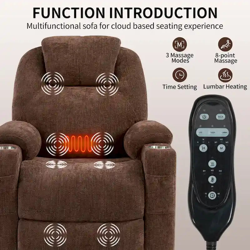 Fauteuil inclinable électrique bleu avec massage 8 points, soutien lombaire chauffant, deux ports USB et porte-gobelets en acier inoxydable